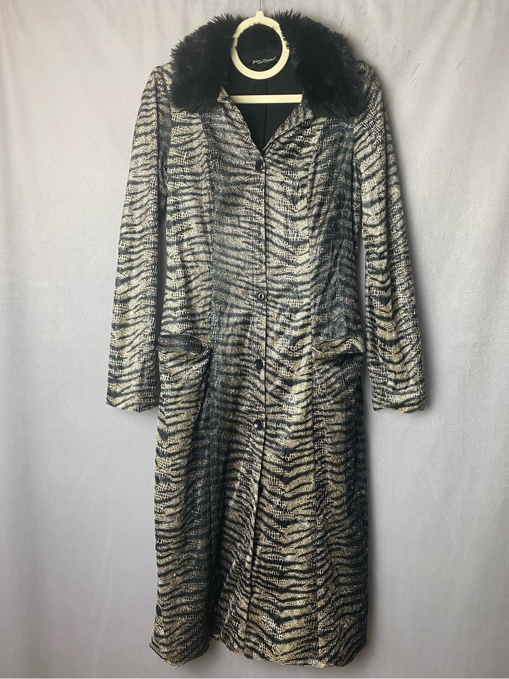 Rare Vintage Y2K Betsey Johnson NY Animal Print Faux Fur Collar Duster Coat S